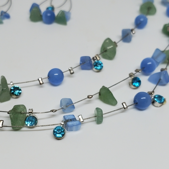 FINAL DROP!! Blue & Green Multi Wire Chain Beaded Necklace & Dangle Earrings Set - Picture 5 of 8